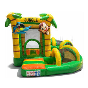 Abgebildet ist eine bunte Hüpfburg im Dschungel-Design mit gelb-grünen Farben. Über dem Eingang steht der Schriftzug „JUNGLE“. Zwei große Palmen rahmen den oberen Bereich ein. Links sitzt ein bunter Papagei, rechts ein fröhlicher Affe als aufblasbare Dekofiguren. Vorne befindet sich der Einstieg mit kleiner Sprungfläche, rechts eine integrierte Rutsche mit seitlichen Sicherheitsnetzen. Die Hüpfburg ist kompakt gebaut und ideal für Kinder.
