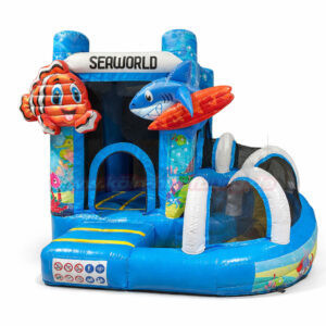 Hüpfburg Mini Multifun Seaworld mit Rutsche in Blau-Türkis mit Hai- und Clownfisch-Figuren