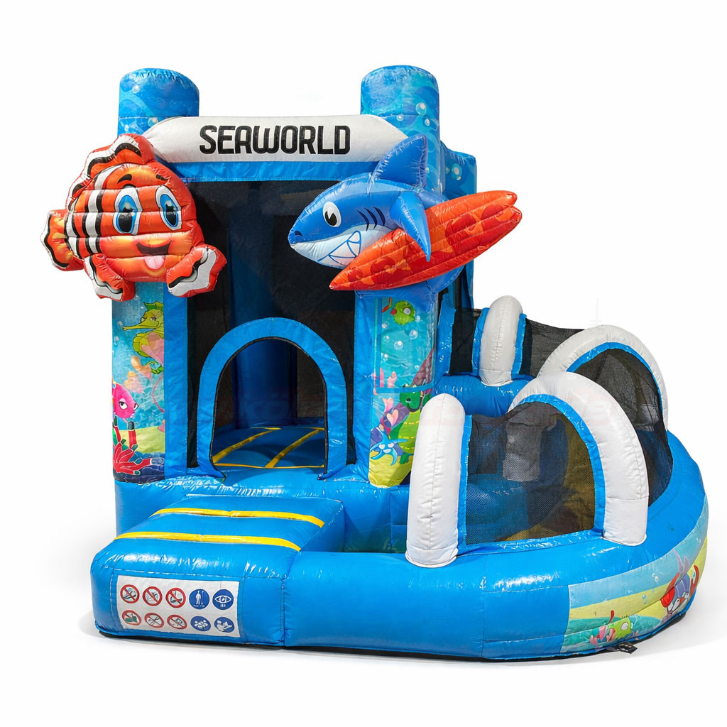 Hüpfburg Mini Multifun Seaworld mit Rutsche in Blau-Türkis mit Hai- und Clownfisch-Figuren