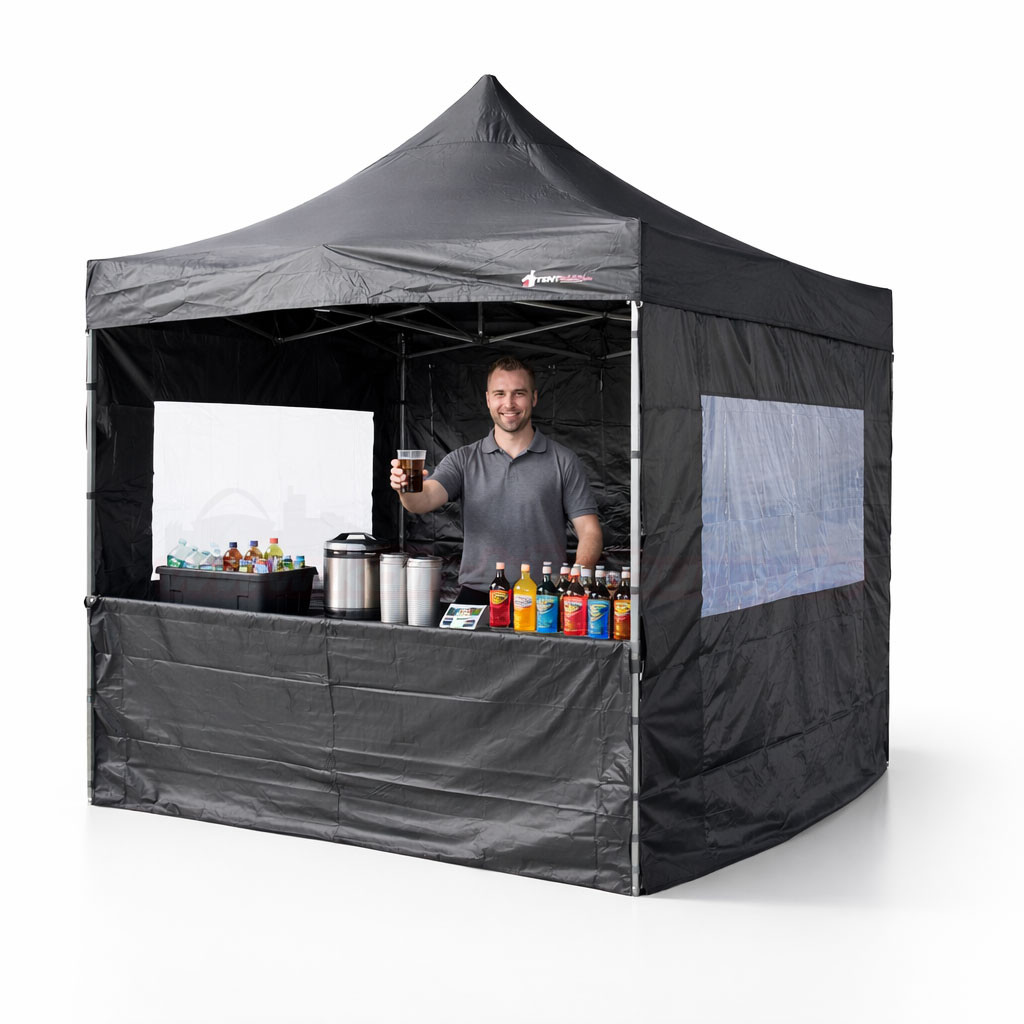 3x3m Verkaufsstand schwarz mit Verkäufer